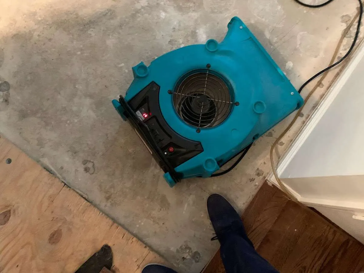 Air mover drying subfloor during Leak Detection & Repair in Raisinville